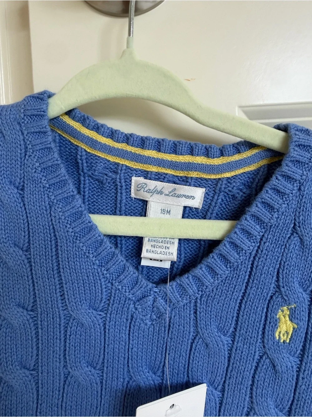 Ralph Lauren Blue Cable Knit V-Neck Sweater Vest with Yellow Polo Logo